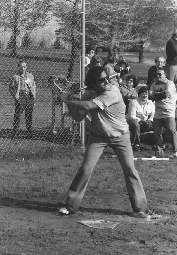A man at bat during the industry vs pharmacy softball game